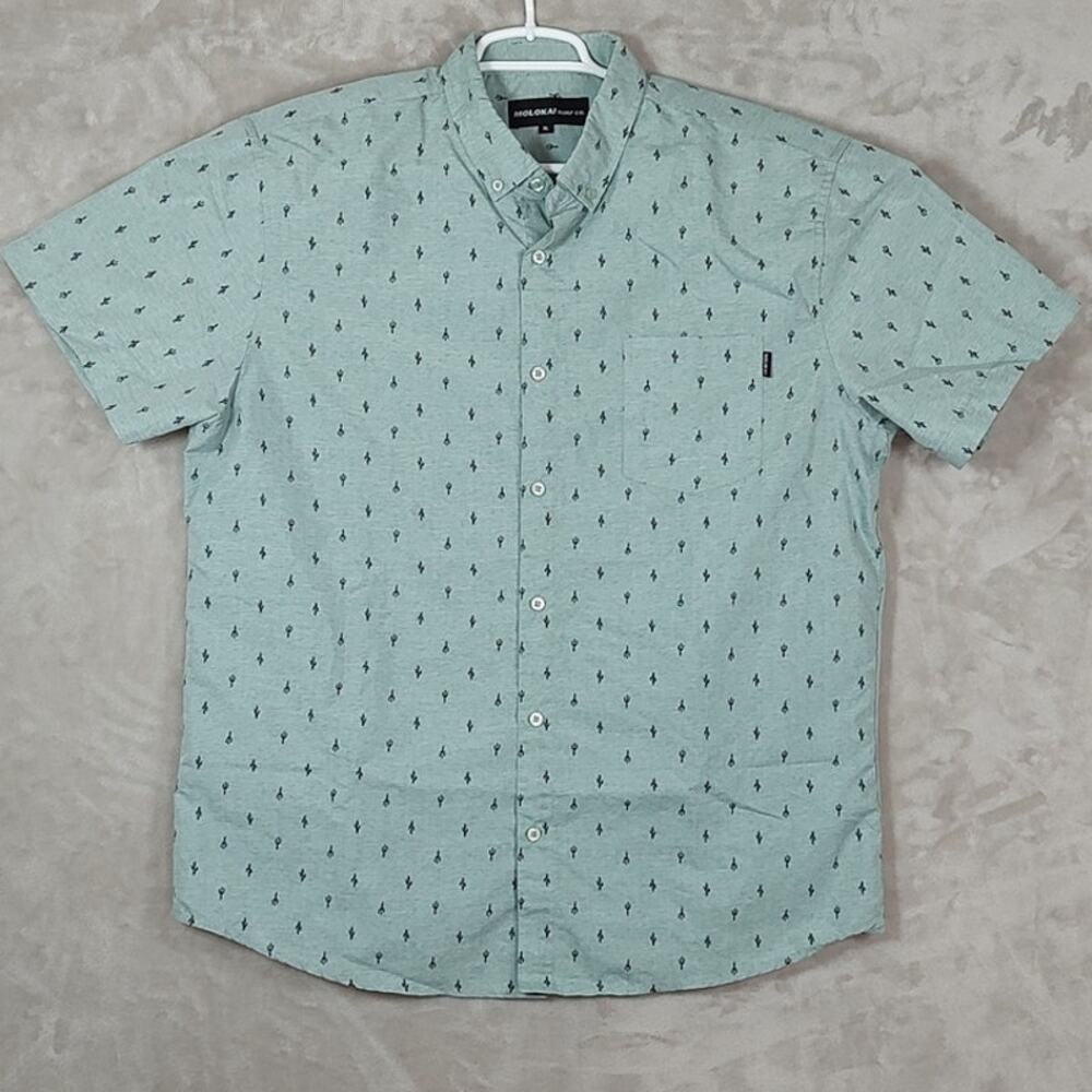 Molokai Surf Co. Men's XL Mint Green Cactus Print Short Sleeve Button Down Shirt